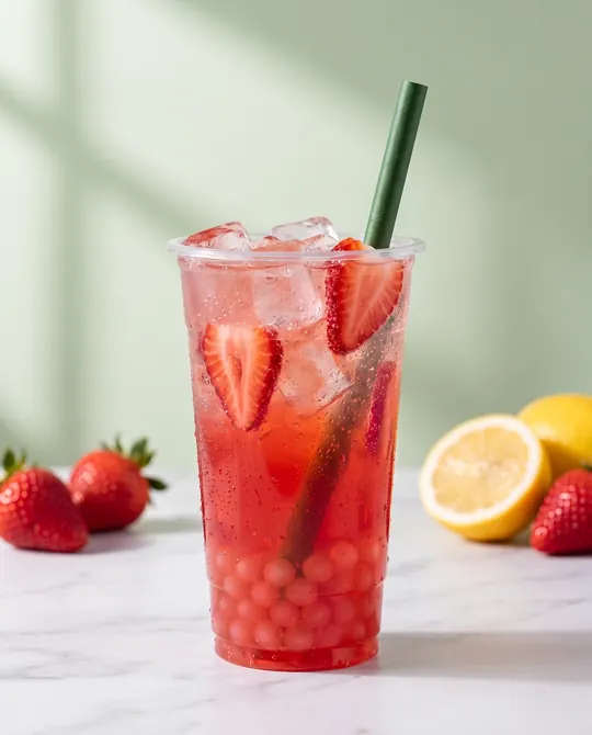 Strawberry lemonade with strawberry popping boba in a clear cup