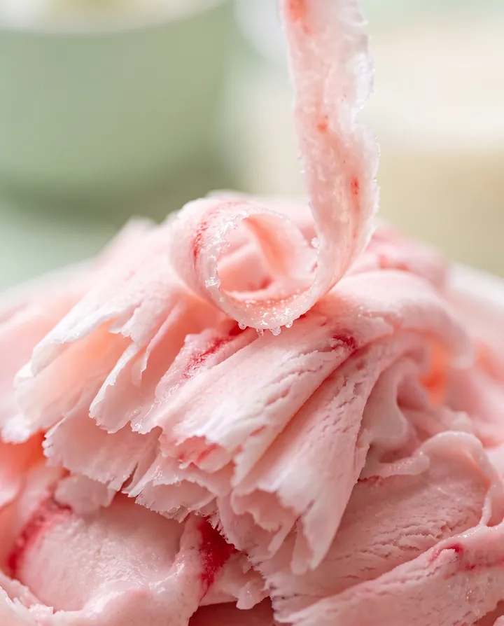 Close-up of thin, folded ribbons of strawberry shaved ice cream