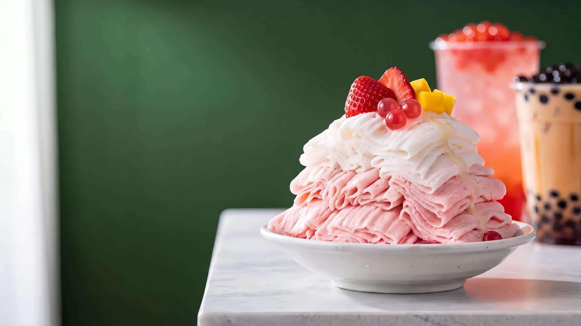 A tall mound of pink and white shaved ice cream ribbons topped with strawberries, mango and popping boba, on a marble table against a forest green wall