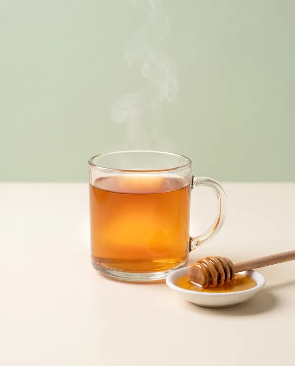 Hot honey tea in a glass mug with a honey dipper
