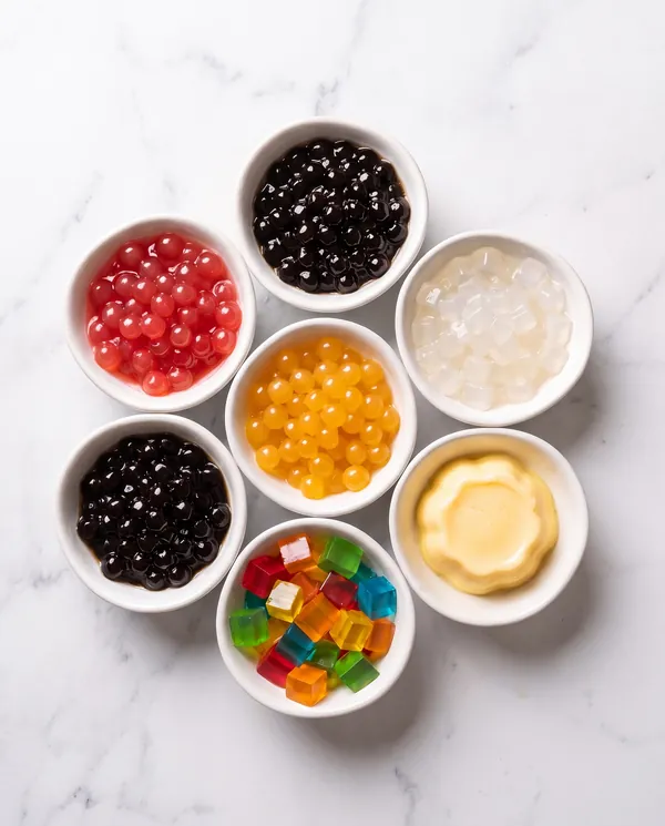 Dishes of tapioca pearls, popping boba, crystal boba, rainbow jelly and egg pudding