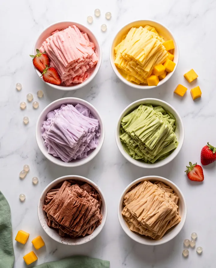 Six bowls of shaved ice cream in strawberry, mango, taro, green tea, chocolate and coffee flavors