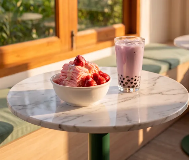 A bowl of shaved ice cream and a taro milk tea on a sunny window table